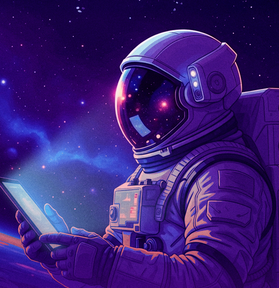 Astronauta em tons de roxo e laranja, parte da identidade visual da S3P